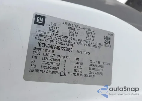 2016 Chevrolet Express 2500 Work Van from USA, damaged, VIN 1GCWGAFF4G1273888